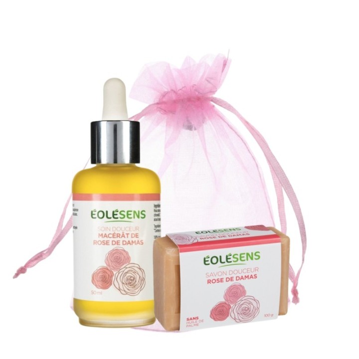POCHON ORGANZA : 1 MACERAT DE ROSE DE DAMAS DE 50ML + 1 SAVON ROSE