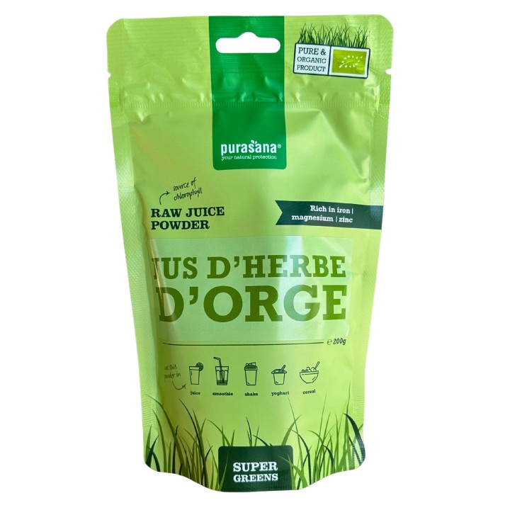 Jus d'herbe d'orge poudre bio - 200 g - Vegan - Purasana Jus d'herbe d'orge poudre bio - 200 g - Vegan - Purasana