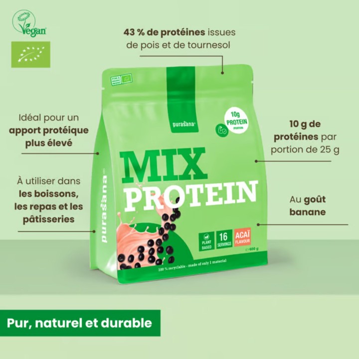 Protéines de pois, tournesol, bettrave/açai - 400 gr - Purasana