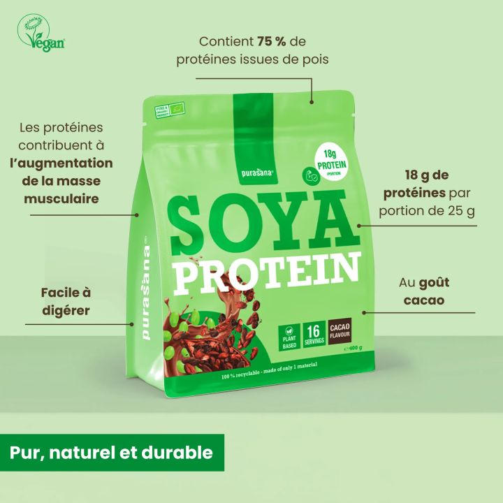 Protéine soja chocolat - 400 gr - Purasana