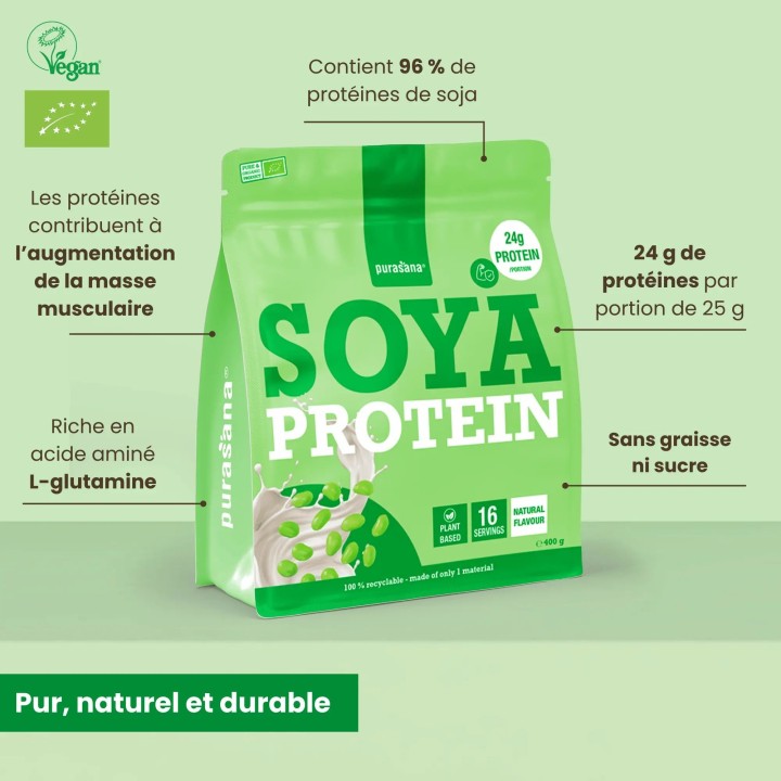 Protéine de soja poudre naturel bio - 400 g - Purasana