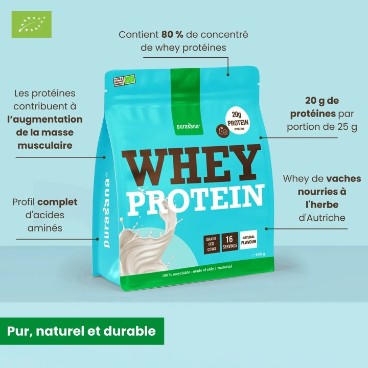 Whey protéine de petit lait nature - 400 g - Purasana