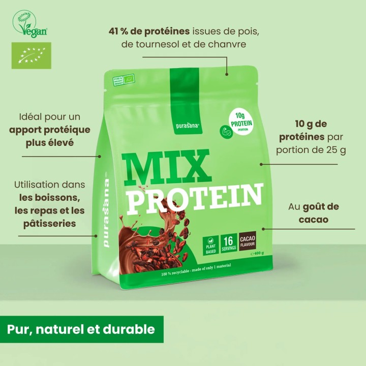 Protéines pois, tournesol, chanvre, potiron, cacao - 400 gr - Purasana