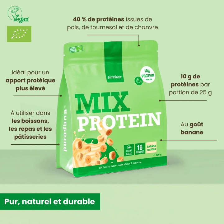 Protéine pois, tournesol, chanvre, potiron, banane bio - 400 gr - Purasana