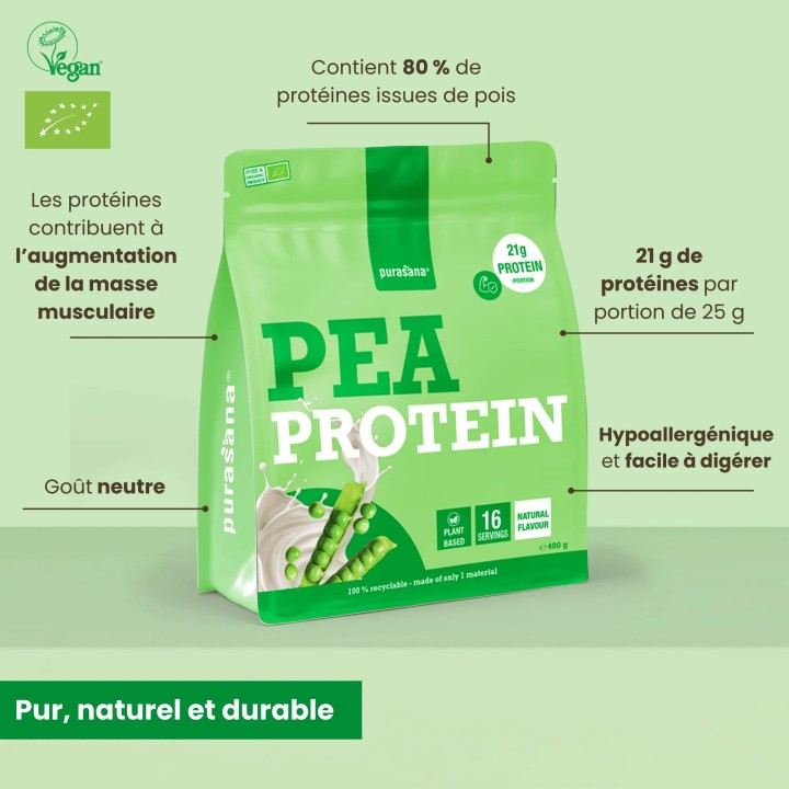 Protéine de pois poudre naturel bio - 400 g - Purasana
