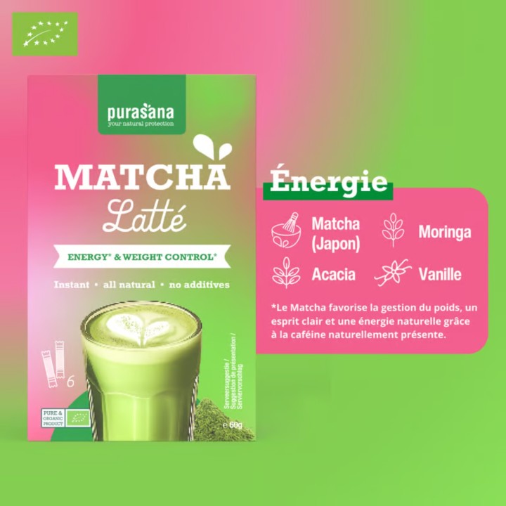 Matcha Latté Purasana 100 g | Préparation Bio pour 10 Boissons