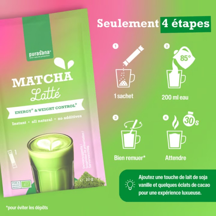 Matcha Latté Purasana 100 g | Préparation Bio pour 10 Boissons