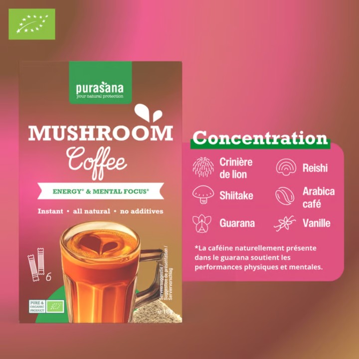 Mushroom Coffee Purasana 45 g (15 boissons) | Café aux champignons bio