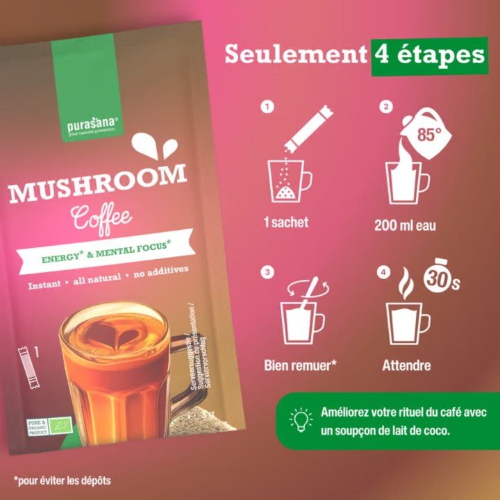 Mushroom Coffee Purasana 45 g (15 boissons) | Café aux champignons bio
