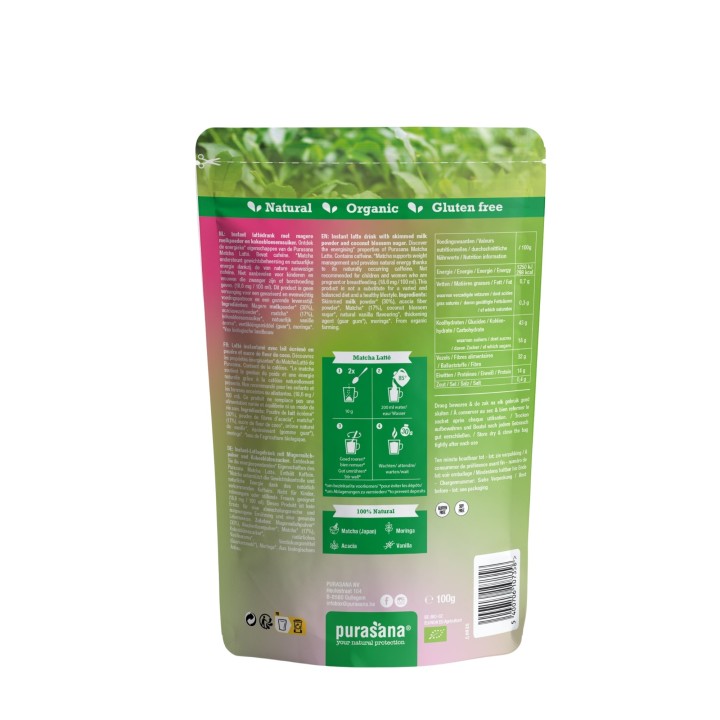 Matcha Latté Purasana 100 g | Préparation Bio pour 10 Boissons